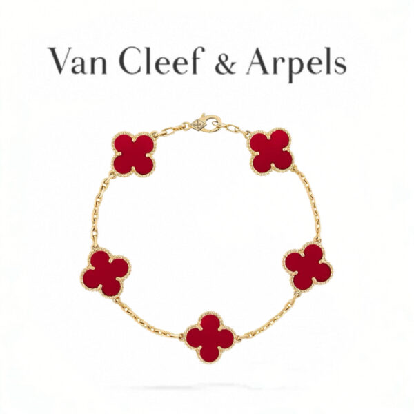 Replica Van Cleef & Arpels Red Vintage Alhambra 5-Motif Bracelet Carnelian 18K Gold-Plated