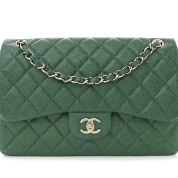 Metallic Caviar Quilted Jumbo Double Flap Green
