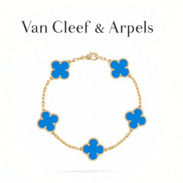 Replica Van Cleef & Arpels Vintage Alhambra 5-Motif Bracelet Light Blue Agate White Gold-Plated