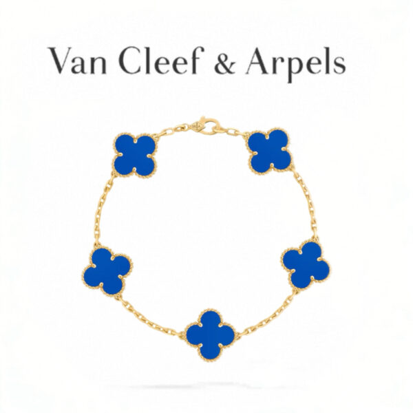 Replica Van Cleef & Arpels Vintage Alhambra Bracelet 18K Gold Hardware Blue Agate 5 motifs
