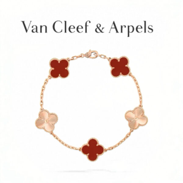 Replica Van Cleef & Arpels Vintage Alhambra 5-Motif Bracelet Carnelian & Guilloché Rose Gold-Plated