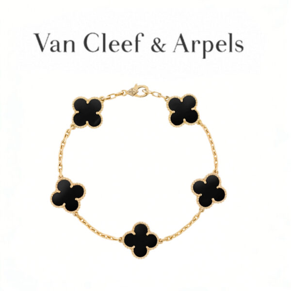 Replica Van Cleef & Arpels Black Vintage Alhambra 5-Motif Bracelet Onyx 18K Gold-Plated