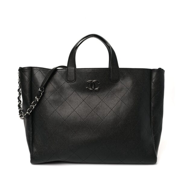 Caviar Stitched Large Lady Coco Shopping Tote Black