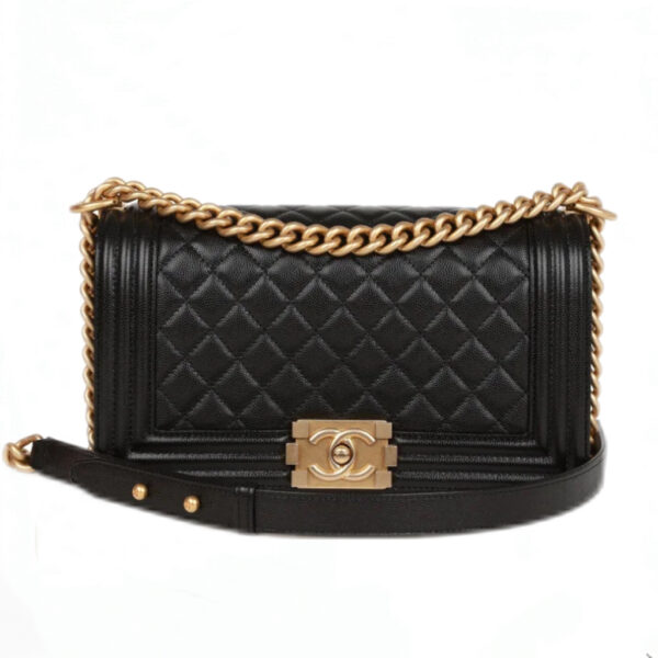 Replica Chanel Boy Medium Caviar Calfskin Black Handbag Gold Hardware Caviar Calfskin Leather