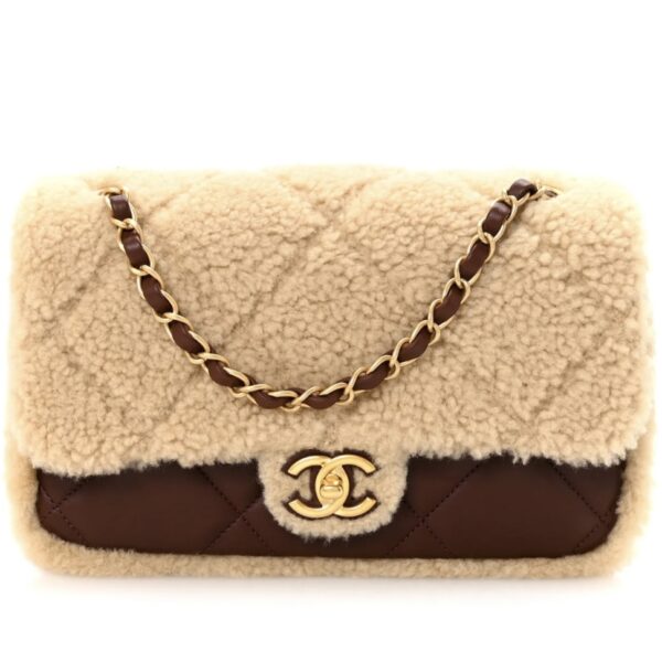 Shearling Lambskin Quilted Furry Coco Flap Dark Brown Beige