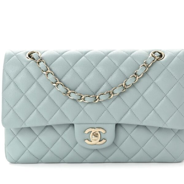 Caviar Quilted Medium Double Flap Light Blue