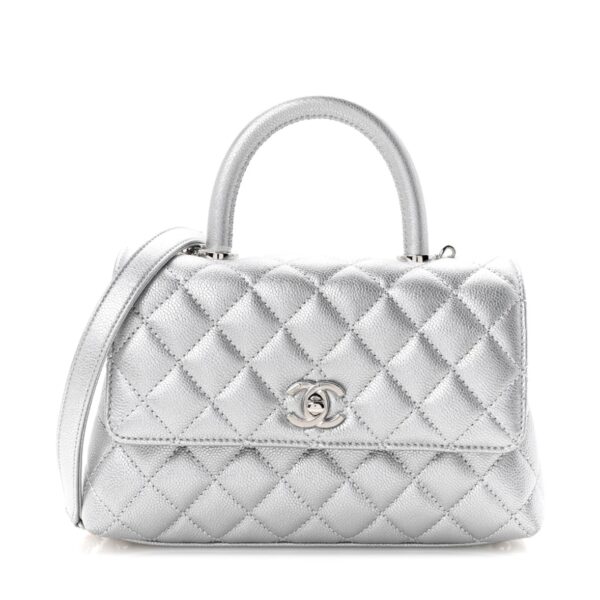 Metallic Caviar Quilted Mini Coco Handle Flap Silvery