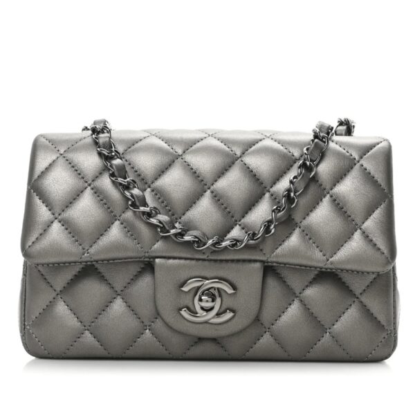 Metallic Lambskin Quilted Mini Rectangular Flap Dark Grey