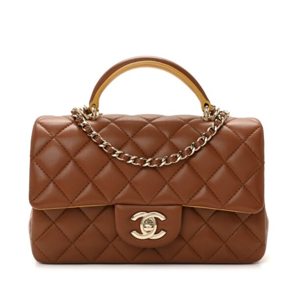 Lambskin Quilted Bi-Color Mini Top Handle Rectangular Flap Light Brown Yellow