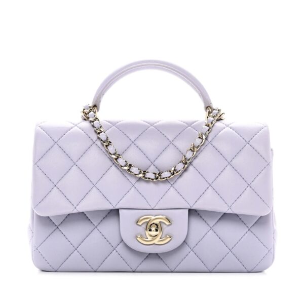 Lambskin Quilted  Mini Top Handle Rectangular Flap Light Purple