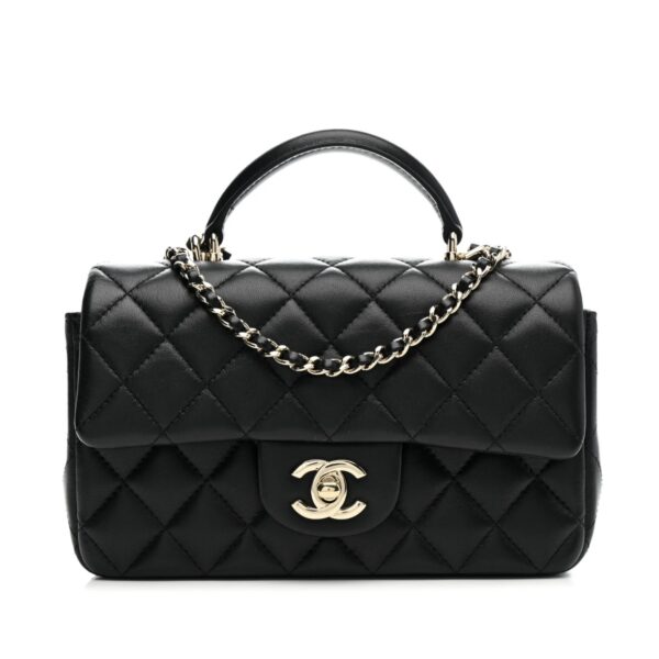 Lambskin Quilted  Mini Top Handle Rectangular Flap Black