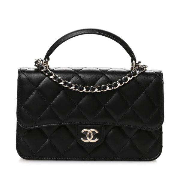 Lambskin Quilted  Mini  Flap Phone Holder With Chain Black