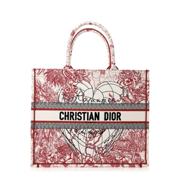 Canvas Embroidered Large Dioramour D-Royaume Book Tote Red Multicolor