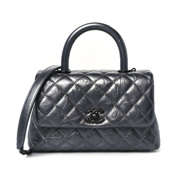 Metallic Aged Calfskin Quilted Mini Coco Handle Flap Charcoal