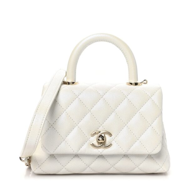 Iridescent Caviar Quilted Extra Mini  Coco Handle Flap White