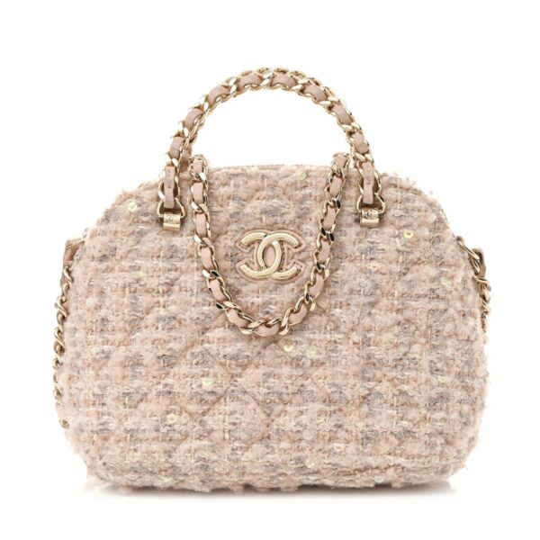 Cotton Wool Tweed Sequin Quilted Shiny Coco Clutch With Chain Light Pink Beige Ecru