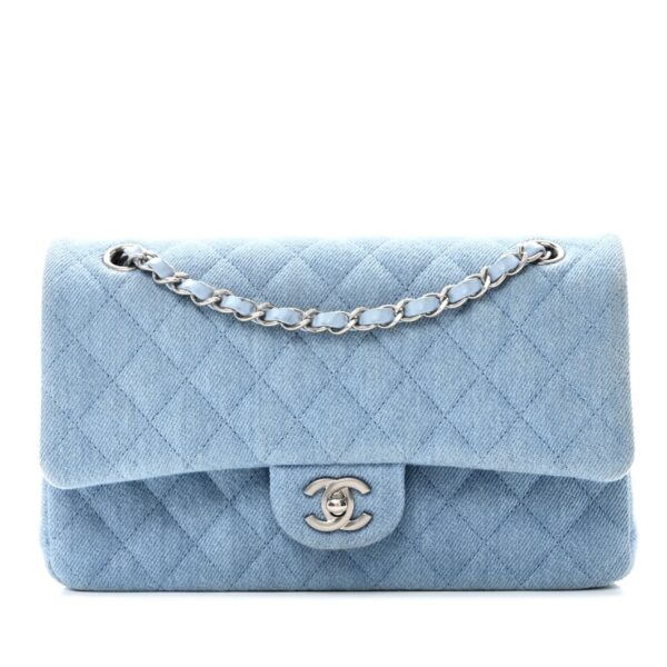 Denim Quilted Medium Double Flap Light Blue