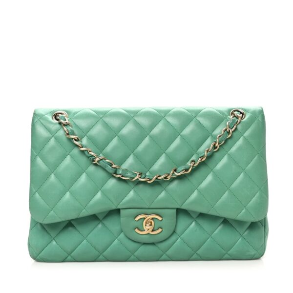 Lambskin Quilted Jumbo Double Flap Green