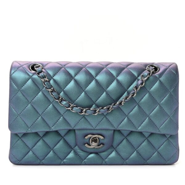 Metallic Lambskin Quilted Medium Double Flap Turquoise